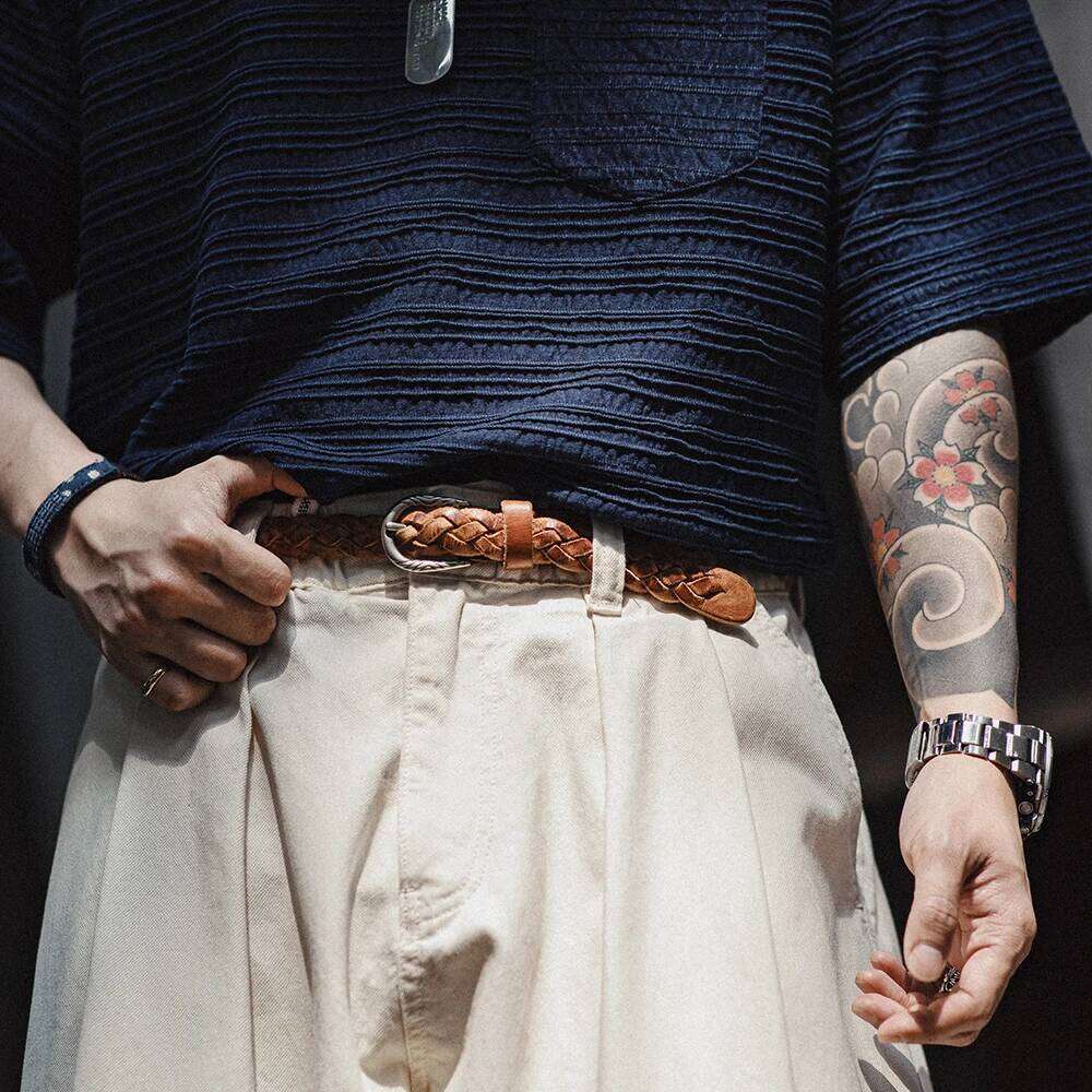 Maden Vintage Woven Two-Layer Vegetable Tanned Cowhide Belt for Men's Versatile Brown Accessory S260228