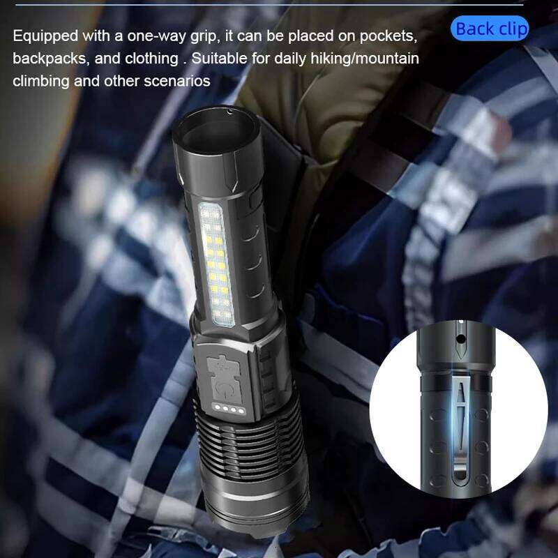 Power Rechargeable LED Flashlight With Side Light, Torch For Outdoor Camping, Hiking High Flash Light Z260301