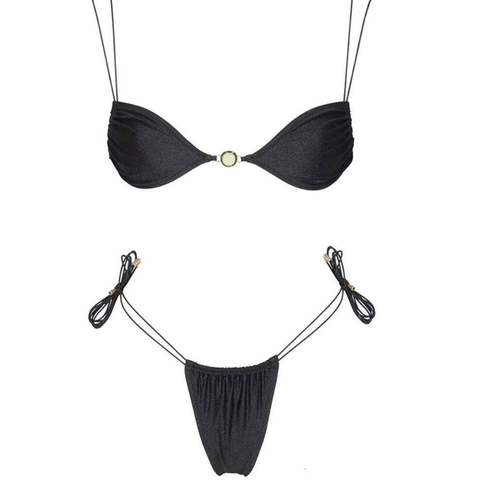 ZRTAK Sexy Micro Bikini Set Two Piece Women's Swimsuit 2025 Push up Bandage Bathing Suit Solid Beachwear Black Swimwear Z260301