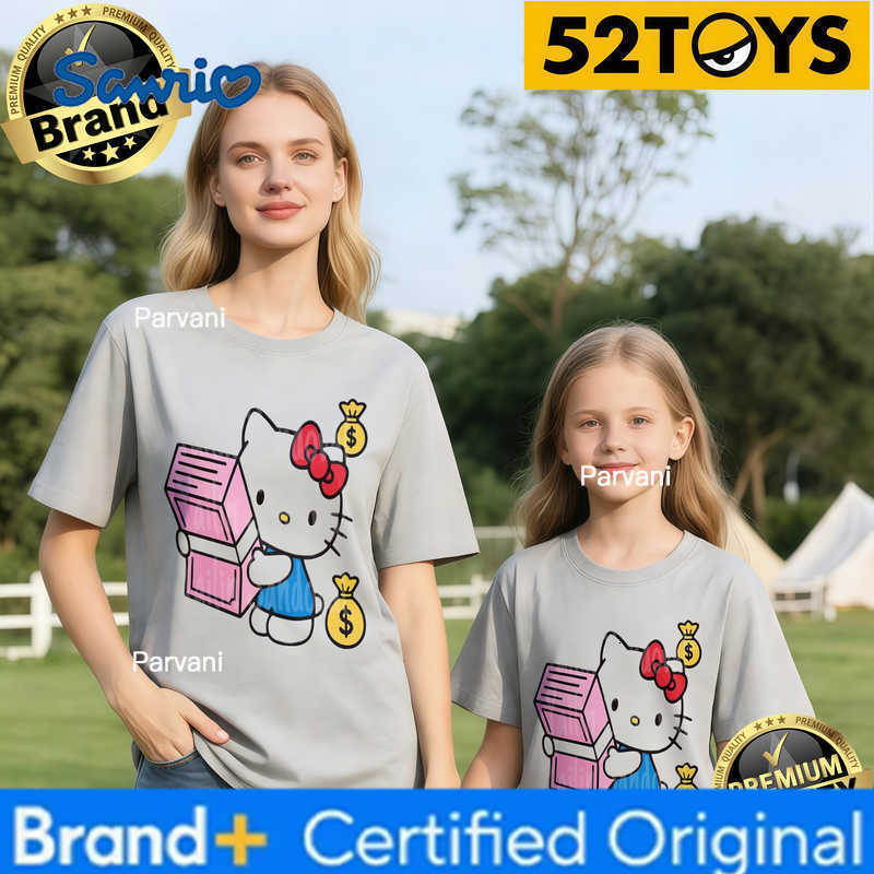 Sanrio 2026 Autumn-Winter Trending Hello Kitty Money Box Print 100 Cotton Parent-Child T-Shirts High Quality Loose Casual Fashion H260302