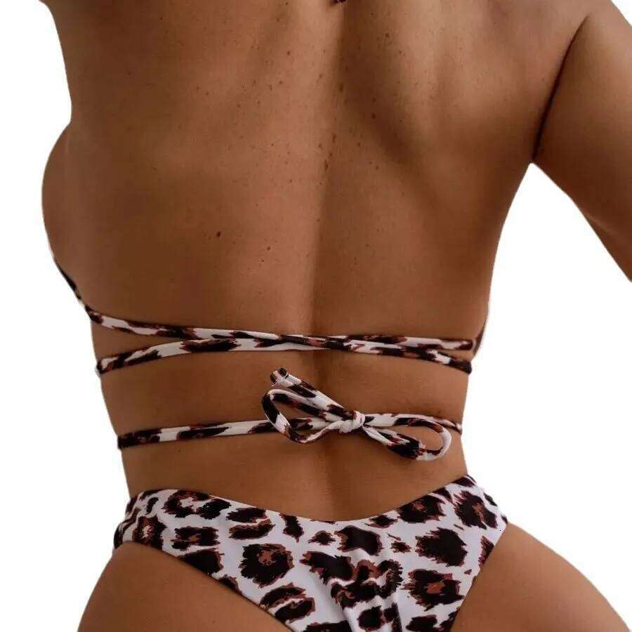 Micro Leopard Print Sexy String Triangle Swimsuit Backless Swimwear Women Beach Bathing Suit Bikini Thong Set Z260301