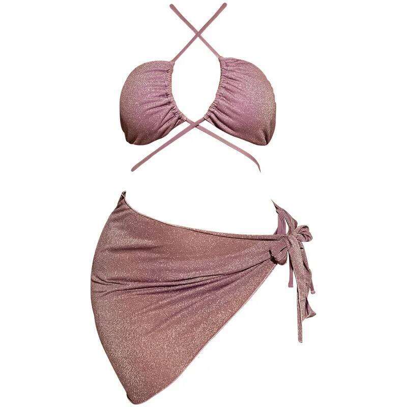 Genuine Plus Size Swimsuit Bikini, Sexy Three-point Gold Powder Lavender Three-piece Set, Seaside Vacation Strap Clothign Set Z260301