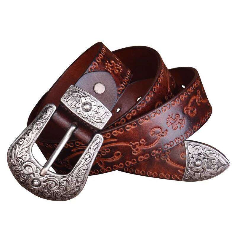3.8cm Wide Fashion Floral Carved 100% Genuine Leather For Designer Men High Quality Women Belts Waist S260228