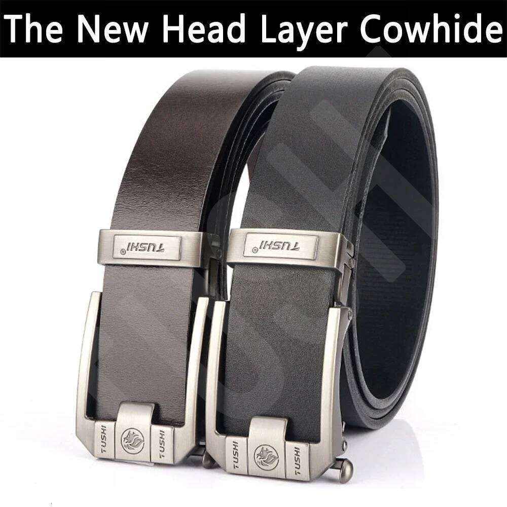 TUSHI Brand 3.5cm Wide Men's leather automatic buckle layer cowhide business youth pants belt S260228