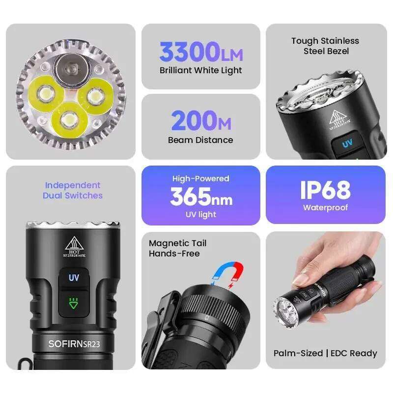 SOFIRN SR23 3300LM 6500K Flashlight UV 365nm EDC Light 21700 USB C Rechargeable Dual Switch Torch with Magnetic Tailcap Z260301