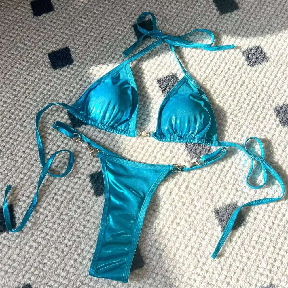 2025 New PU Faux Leather Halter Mini Thong Female Swimsuit Women Swimwear Two-pieces Bikini Set Bather Bathing Suit Swim Z260301