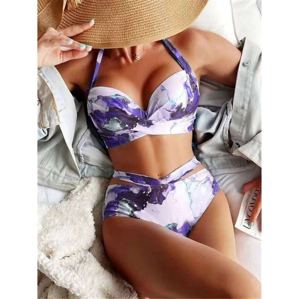 Sexy Halter High Waist Bikini 2026 Women Tie Dye Swimsuit Push Swimwear Female Printed Bathing Suit Lace Up Back Beachwear Z260301