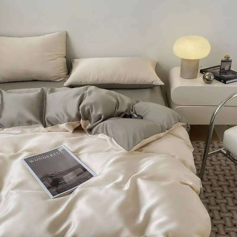 Bedding Luxury Ice Four Piece Set, Washed Silk Bed Sheet and Quilt Cover Set Summer Cool Feeling Soft Smooth W260302