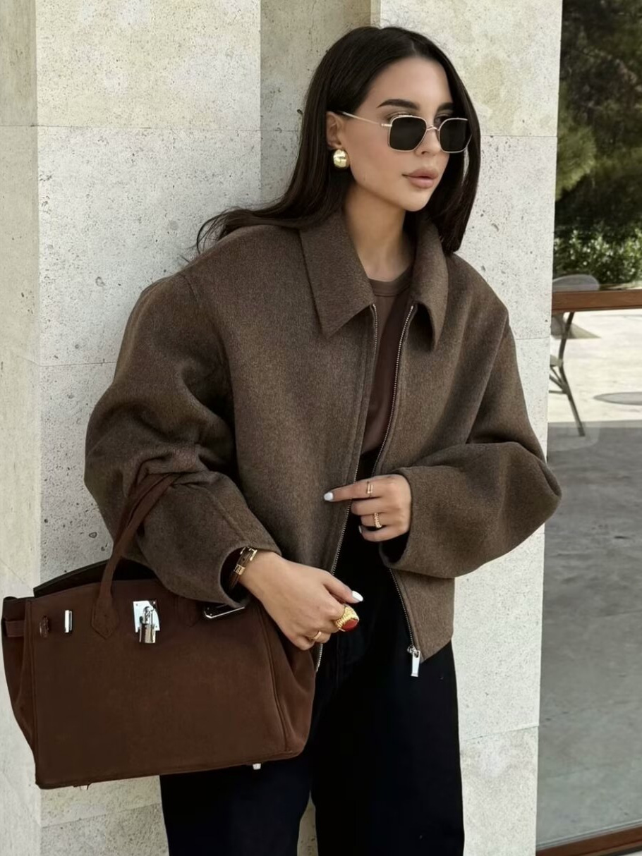 Women's Jackets Spring/Autumn Fashionable Three-Color Solid-Color Oversized Zippered Wool-Blend Outerwear