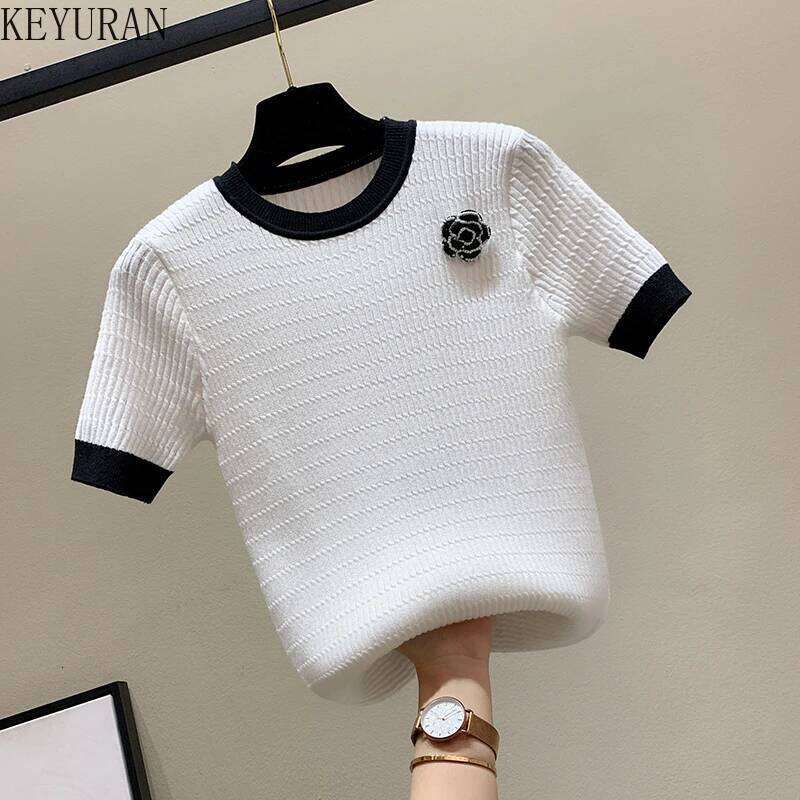 Beading Flower Thin Short Sleeve Sweater Women Knitted T-Shirt Korean O-Neck Office Lady Elegant Black White Pullover Jumper Top