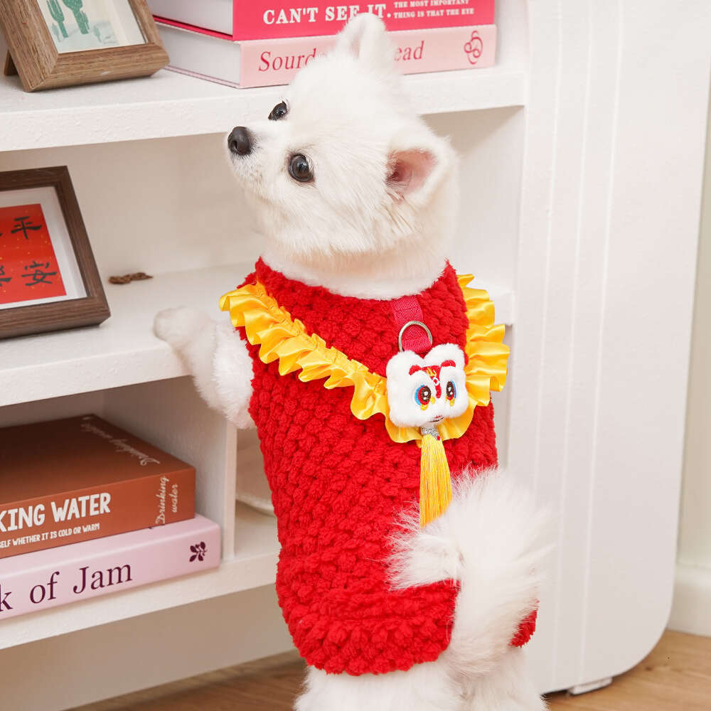 Famous brand New Year Chinese Style Lion Dance Fleece Lined Warm Pet Clothes Teddy Plush Tang Suit Dog Supplies Cat Outfit pupakaIK