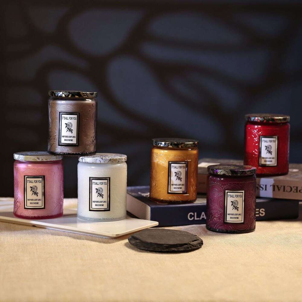 Embossed Bottle Glass Cup Aromatherapy Candle Plant Fragrance Essential Oil Smokeless Scent DIY Gift Box Wholesale Rose W260303