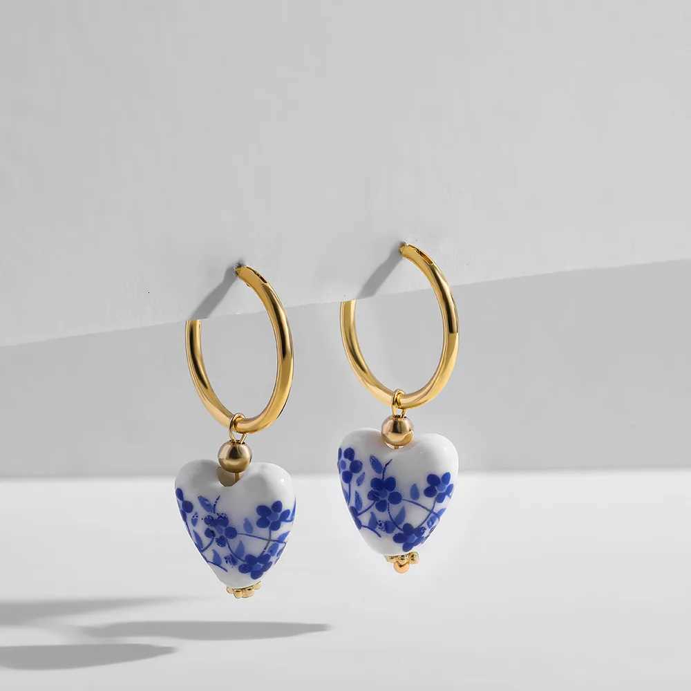 Vintage Love Heart Ceramic Beads Bracelet Fashion Blue and White Porcelain Ceramic Drop Earrings Trendy Elegant Women Jewelry H260303