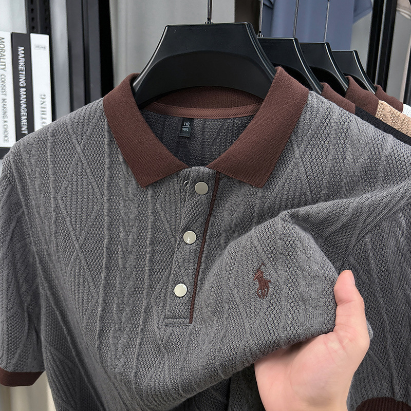 Luxury Brand Designer Clothes 2026 Summer Knitted Short Sleeve Men's New Arrival Middle-Aged Korean Version Fashion Sweater Collar Jacquard Embro