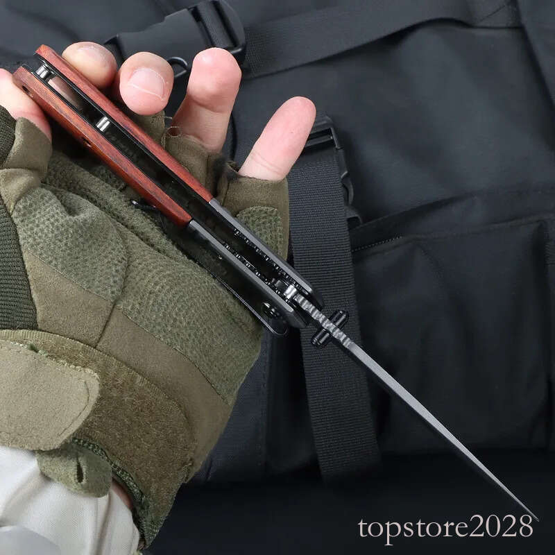 High Quality A228 Flipper Folding Knife 3Cr13Mov Titanium Coating Drop Point Blade Wood with Steel Handle Outdoor EDC Pocket Knives