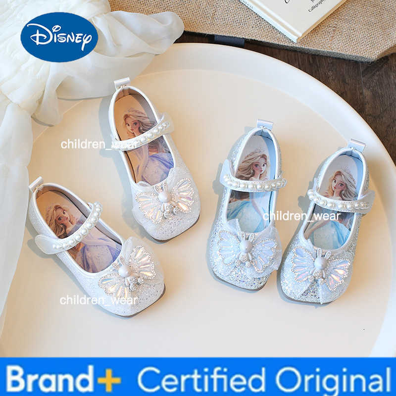 Disney Diseny KidsSandals Elsa Princess Frozen PU Leather Spring Pearl Bow Shoes For Girls Anti-slip Soft Bottom White Blue Size 23-35 H260303