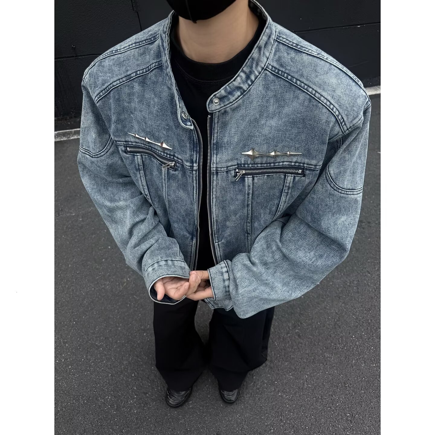 Americn Retro Wshed Pdded Shoulder Short Ptchwork Denim Jcket Vintge Trendy Brnd Highend Designer Jacket Design Collrless Jcket For Men