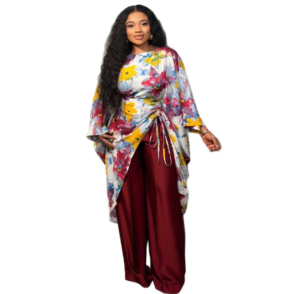 Amazon European And American Cross-Border 2026 Spring New Plus Size Printed Batwing Sleeve Wide-Leg Pants Set Elegant Casual Style