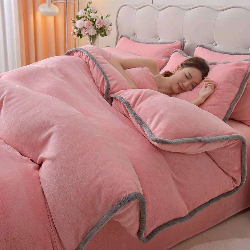 Simple wind milk one-piece set thickened coral solid color bed sheet quilt cover single piece fleece winter W260302