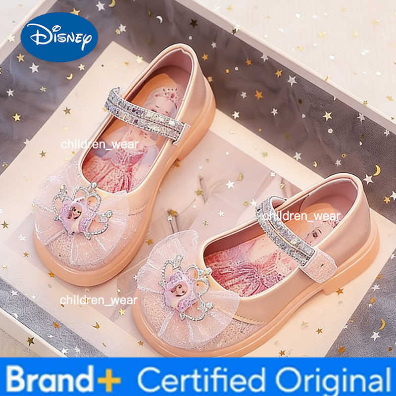 Disney KidsCasual Shoes Crystal Bow Princess Elsa PU Leather Shoes Spring Shoes For Girls Soft Bottom Pink Blue Shoes Size 26-34 H260303