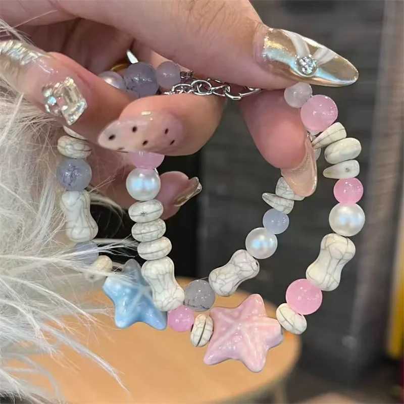 Korean Sweet Ceramic Starfish Bracelets for Women Girls Handmade Pink Blue Beaded Bracelet Aesthetic Y2K Jewelry Friendship Gift H260303