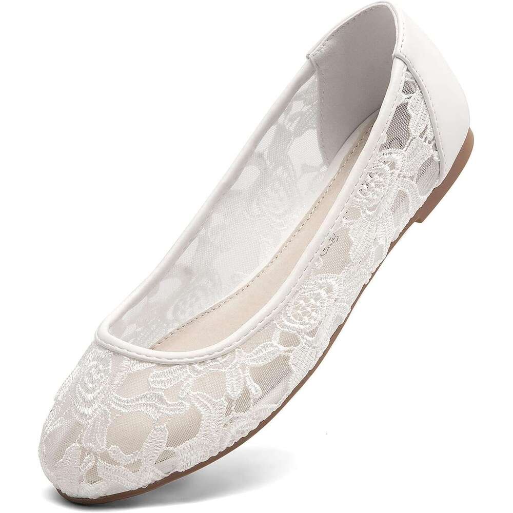 Women S Ballet Round Toe Slip On Lace Ballerina Flat Comfortable Wedding Casual Dressy Floral Flats Shoes