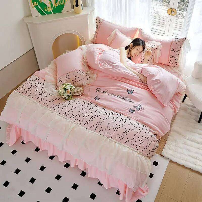 Washed Cotton Four-piece Korean Princess Ruffled Sheet Quilt Cover Set Skirt Ins Style Bed Three-piece W260302