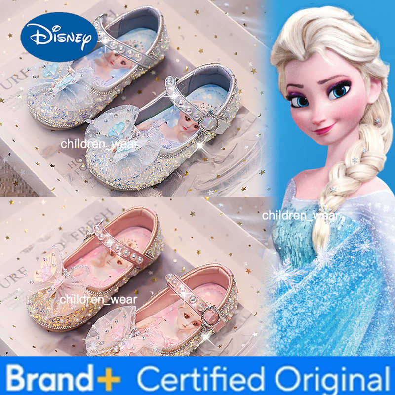Disney Girls Sandals Cartoon Frozen Elsa Children Crystal Princess Shoes Spring Kids Bowknot Party Beach Soft Flat Glass Slippers H260303