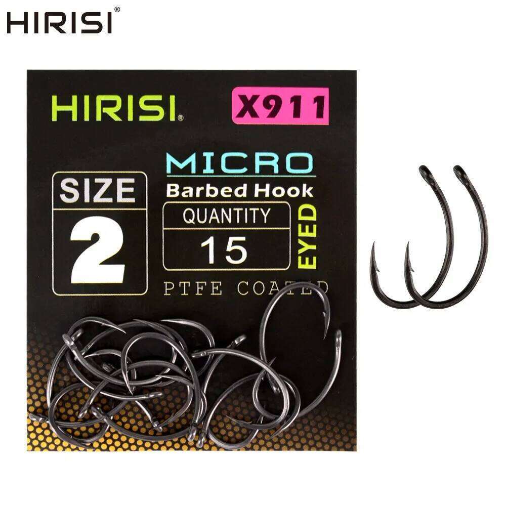 Hirisi 15pcs Micro Barbed PTFE Coated High Carbon Steel Fish Hook With Eye Carp Fishing Accessories X911 Z260228