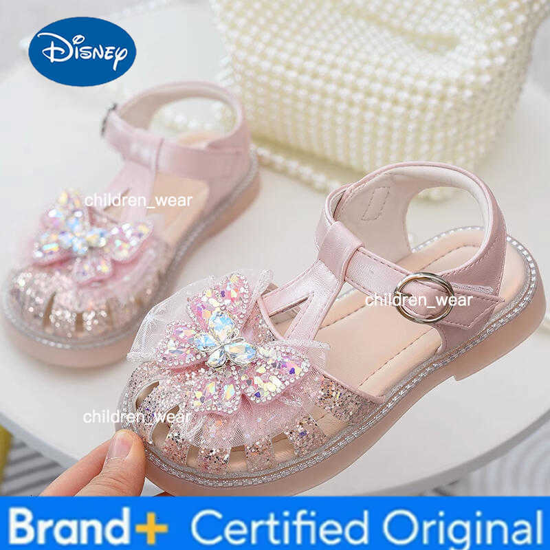 Disney Sweet Glitter Mesh Bowknot Decoration Gladiator Sandals Girl 2025 Summer Cool Hollow Magic Tape Sandals Child Cute Beach Shoes H260303