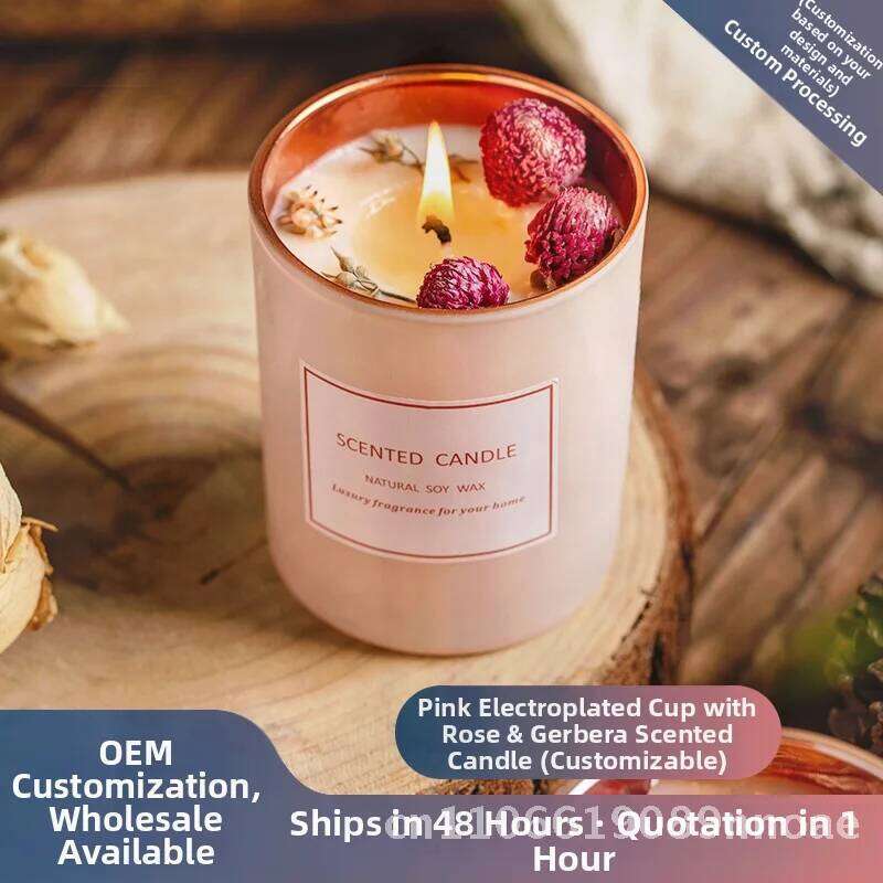 Pink Dried Flower Aromatherapy Soy Wax Cylindrical Scented Candle for Romantic Atmosphere Home Decor Earth & Rose W260303