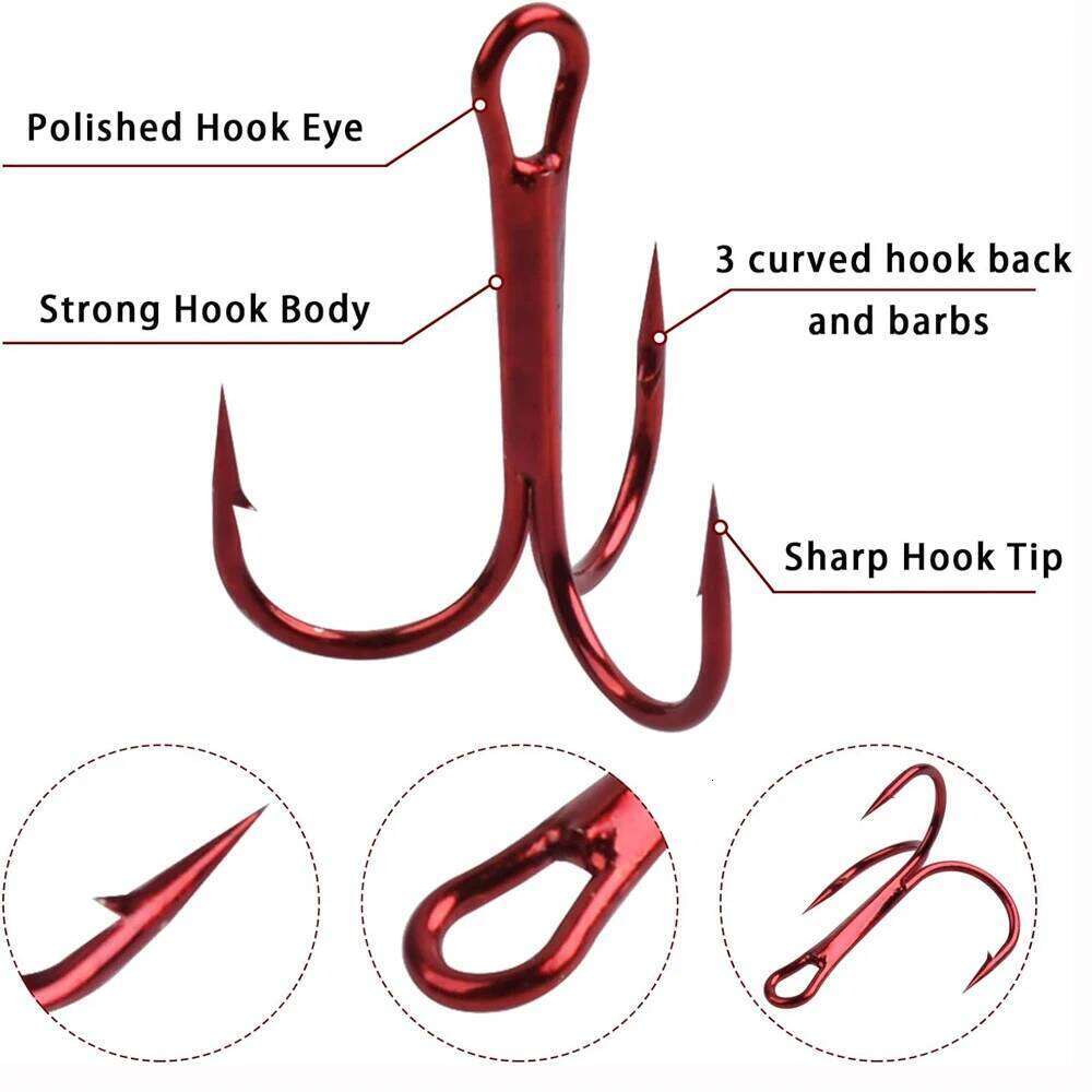100Pcs Red Fishing Treble Round Bend triple fishing Barbed Hooks Catfish Bass Trout Artificial bait saltwater hooks Z260228