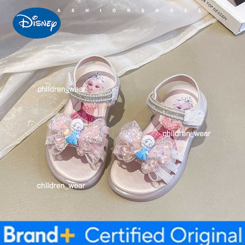 Disney 2026 Summer KidsSandalsl Elsa Princess Frozen PU Leather Sequin Pearl Summer Shoes Anti-slip Breathable Pink Blue H260303