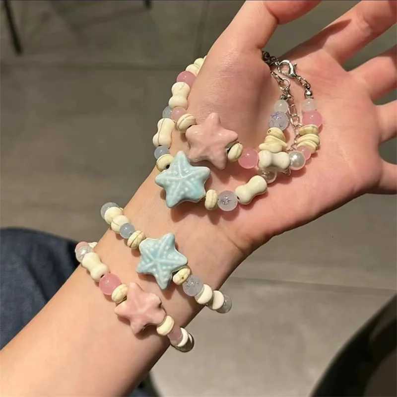 Korean Sweet Ceramic Starfish Bracelets for Women Girls Handmade Pink Blue Beaded Bracelet Aesthetic Y2K Jewelry Friendship Gift H260303