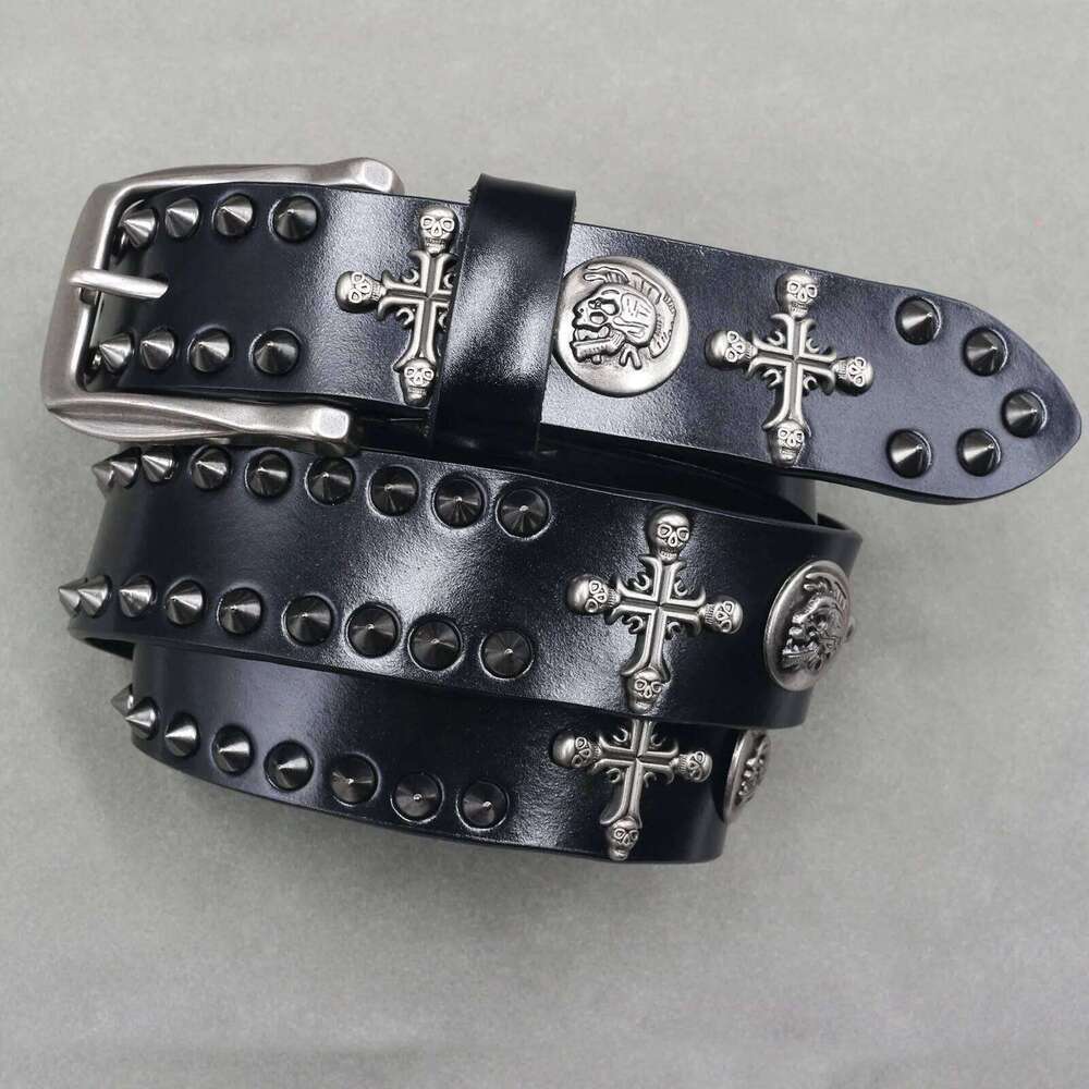 Metal Skull Cross Cowboy Genuine Leather Cowskin Belt Punk Rivet Jeans Belts For Men Ceinture S260228
