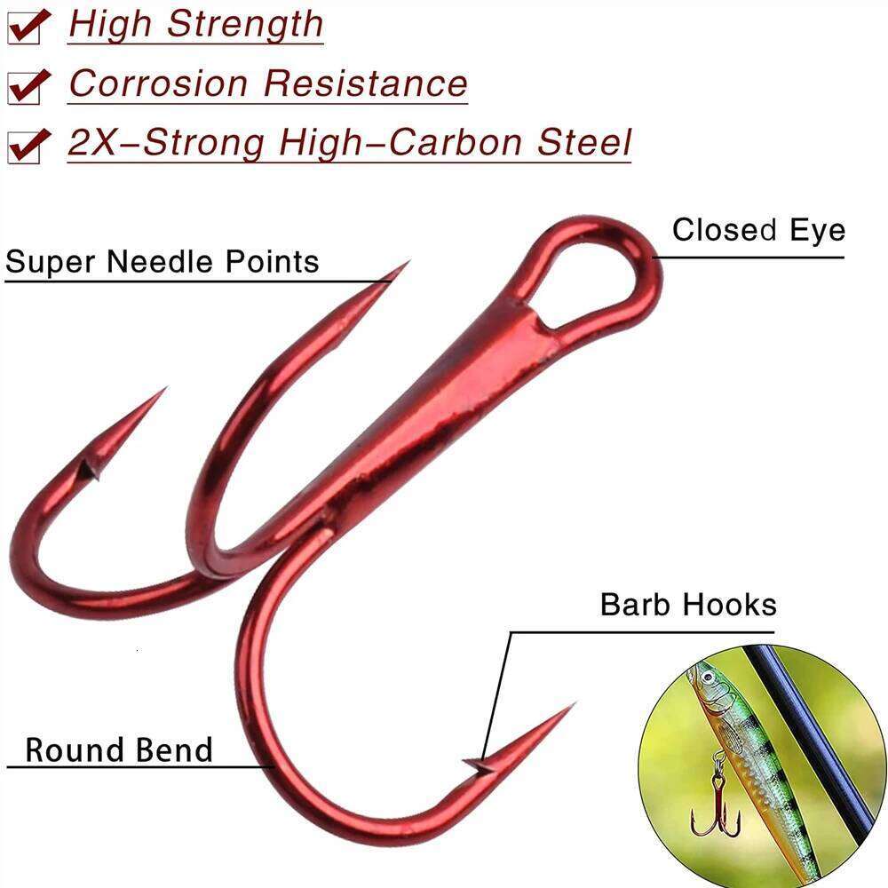 100Pcs Red Fishing Treble Round Bend triple fishing Barbed Hooks Catfish Bass Trout Artificial bait saltwater hooks Z260228