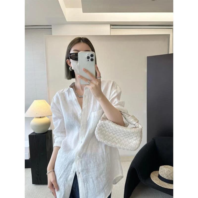 Manjiangyue Spring And Autumn New Style Old Money Style Elegant Simple Polo Collar White Polo Shirt Cotton Designer Hoodie Linen Long Sleeve Designer Shirt Women