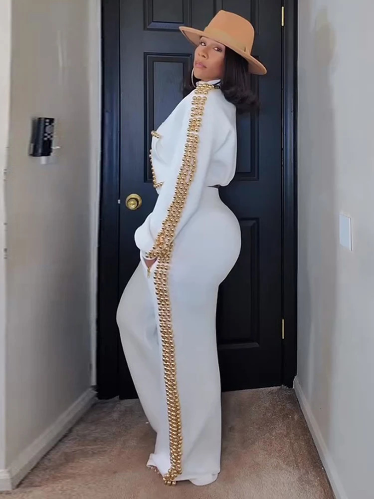 Chic Pearl Trimmed Coat Pants Women Set Elegant Long Sleeve Stand Collar Short Jacket Wide Leg Trouser Modern Lady 2 Pieces Sets 260303