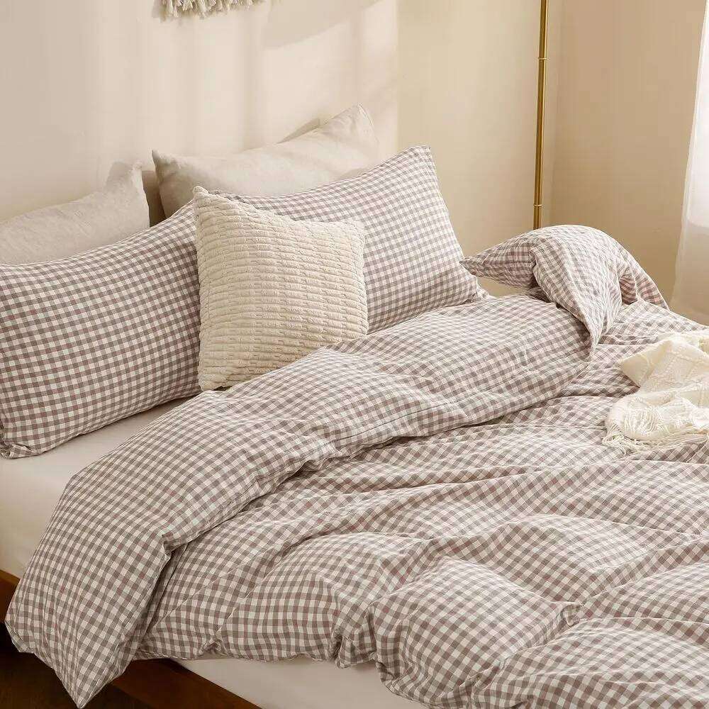 Vintage Brown Plaid Washed Cotton Queen Duvet Cover Set, 100% Soft Linen-Like, 3-Piece, Comforter Not Included W260302