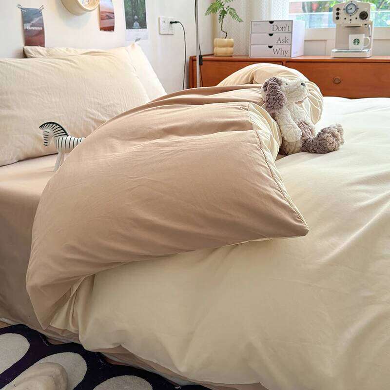 New Washed cotton solid color four piece set, student dormitory bed sheets, duvet covers, bedsheets, small fresh brushed bedding W260302