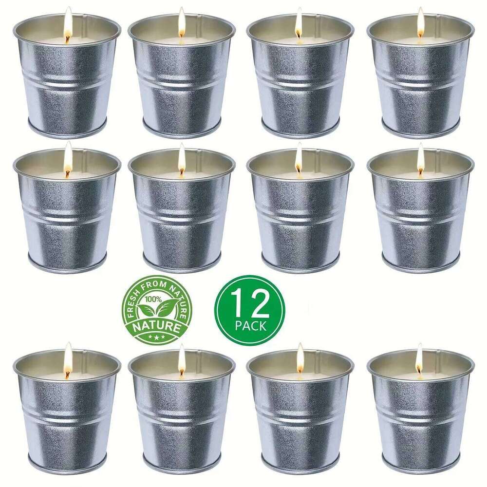 12 Scented Citronella Lemon Candles, 2. 2 ounces, burns 10-12 hours, suitable indoor use, perfect outdoor gatherings, hiking, camping, backyard barbec