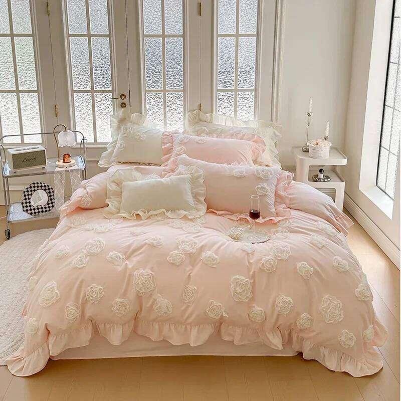 Four-Piece Cotton French Romantic Thickened Warm Household Bedding Autumn and Winter Bed Sheet Cartoon Anime Flounce Decoration W260302