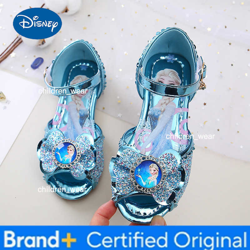 Disney Kids Princess Shoes Frozen Elsa Bowknot Summer Slippers Flats Casual Baby Girls Party Wedding Leather Blue Shoes Size 26- H260303