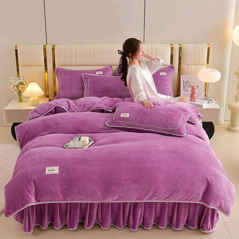 New solid color milk fleece set, winter thickened warm student dormitory bed sheet four-piece set W260302