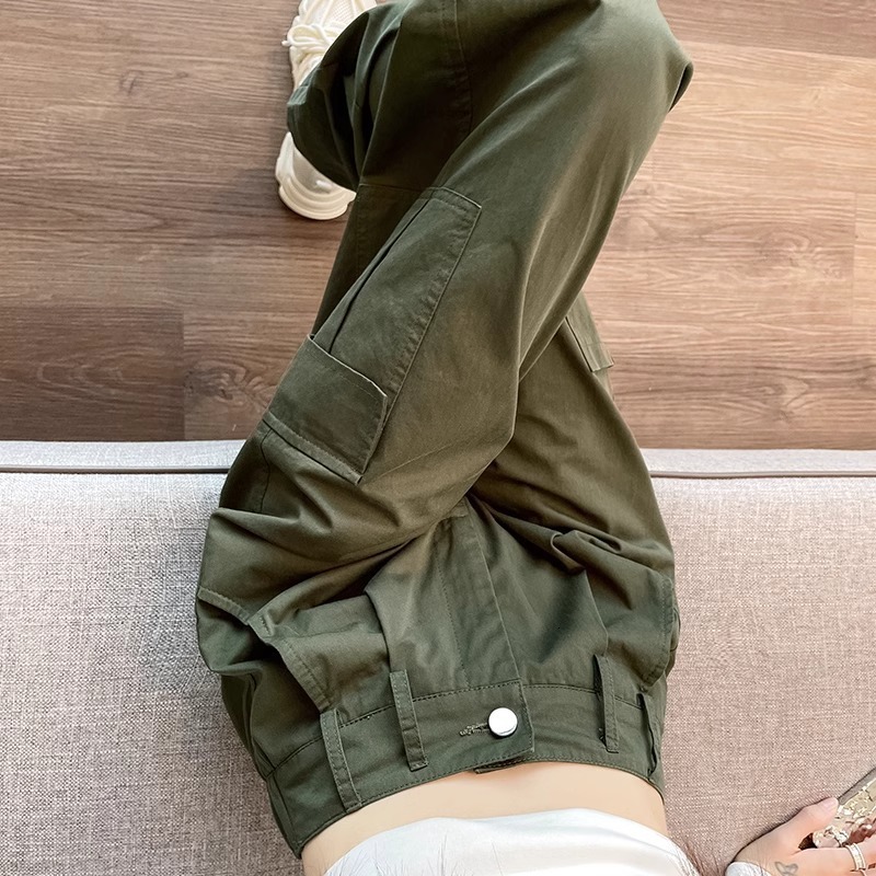 Army Green Americn-style Work Pnts For Women Spring Nd Autumn Designer Pnts New Model Loose Fit Slimming Stright-leg Csul Pnts Outdoor Hiking Pnts