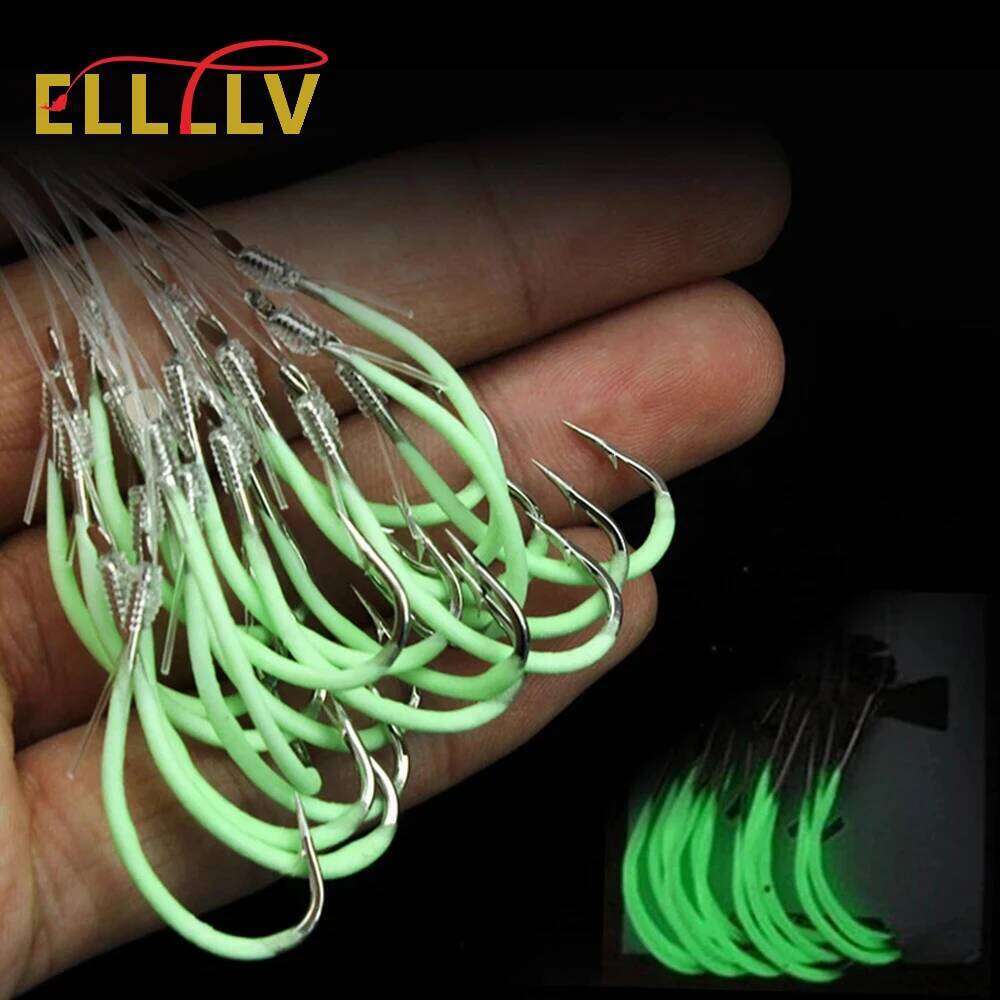 Elllv 30/20/15/10pcs 12# -30# Luminous Hook With Hand Tied Line Glow Barbed Saltwater Hooks For Snapper Grouper Fishing Z260228