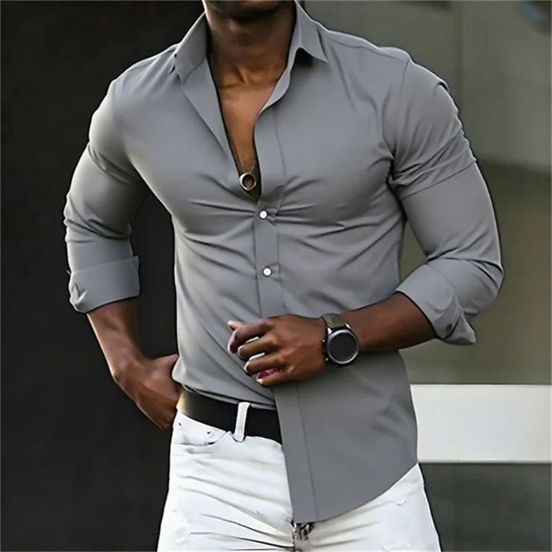 mens shirt solid color long sleeve casual fashion black and white multi-color optional all seasons business mens shirt 260227
