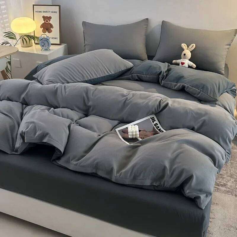 2025 new skin-friendly and comfortable washed cotton simple striped plaid color four-piece set, bed sheet kit W260302