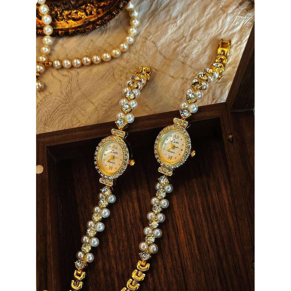 1 Brand New Luxurious Watch Women with Pearl Rhinestone Inlays, Elegant Vintage Fashion, Oval Mother-Of-Pearl Dial, Suitable for Daily Wear, Parties, 