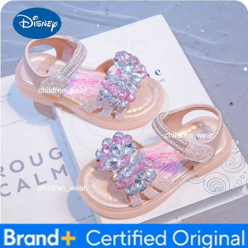 Disney Kids Sandals Elsa Princess Frozen PU Leather Crystal Summer Flat Shoes For Girls Breathable Anti-slip Blue Pink Size 23-33 H260303
